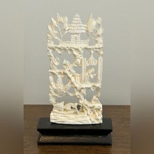 GENUINE IVORY MULTILEVEL INTRICATE CARVED SCENE ON WOODEN BASE MADE IN HONG KONG